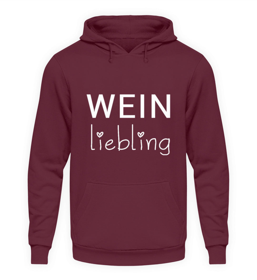 Weinliebling Unisex Hoodie in Bordeaux – weißer Schriftzug mit zwei Herzen vorne