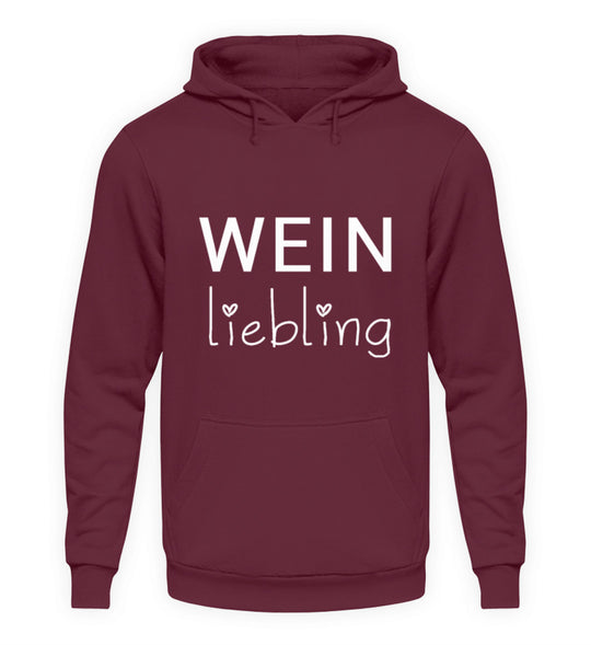 Weinliebling Unisex Hoodie in Bordeaux – weißer Schriftzug mit zwei Herzen vorne