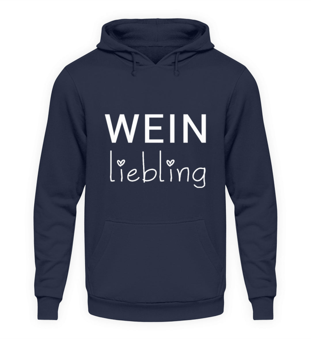 Weinliebling Unisex Hoodie in Dunkelblau – weißer Schriftzug mit zwei Herzen vorne