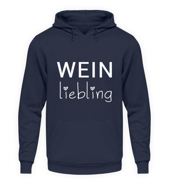 Weinliebling Unisex Hoodie in Dunkelblau – weißer Schriftzug mit zwei Herzen vorne