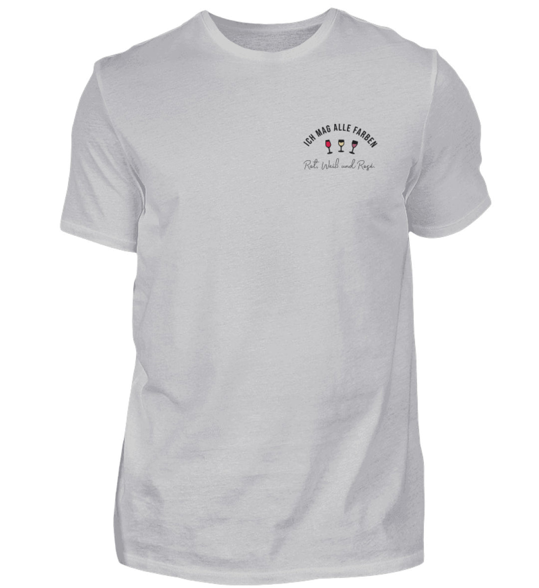Herren T-Shirt in Grau mit Ich mag alle Farben und drei Weingläsern links auf der Brust.