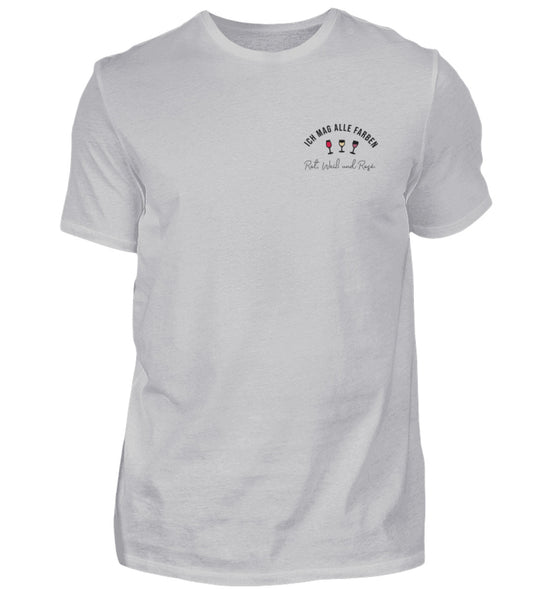 Herren T-Shirt in Grau mit Ich mag alle Farben und drei Weingläsern links auf der Brust.