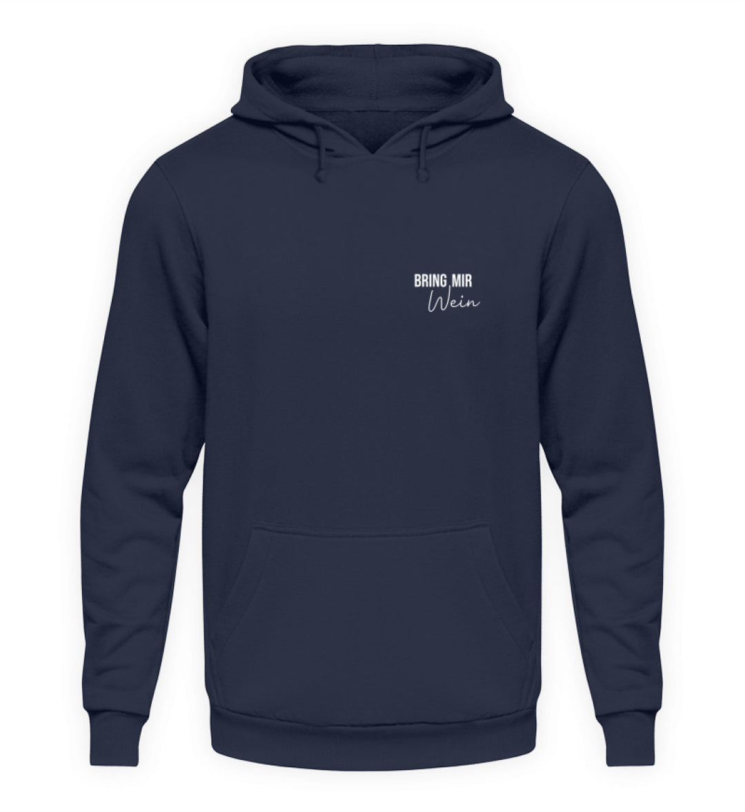 Bring mir Wein Unisex Hoodie Dunkelblau mit kleinem Motiv links auf der Brust
