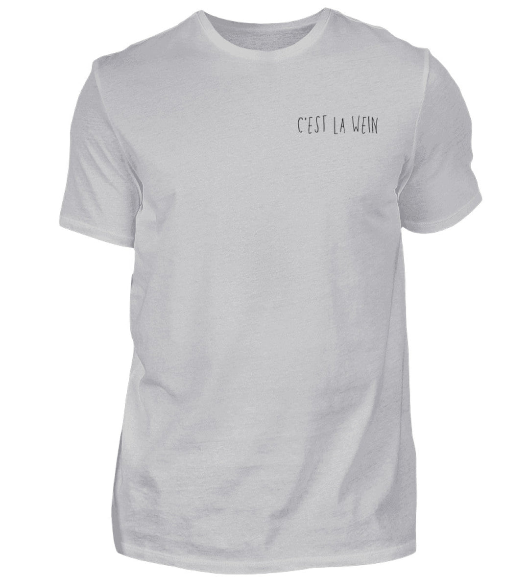 C’est la Wein – Herren T-Shirt in Grau, kleines schwarzes Motiv links auf der Brust