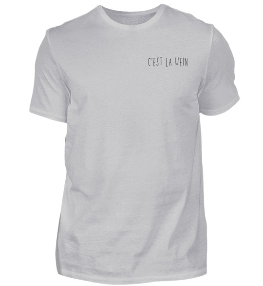 C’est la Wein – Herren T-Shirt in Grau, kleines schwarzes Motiv links auf der Brust
