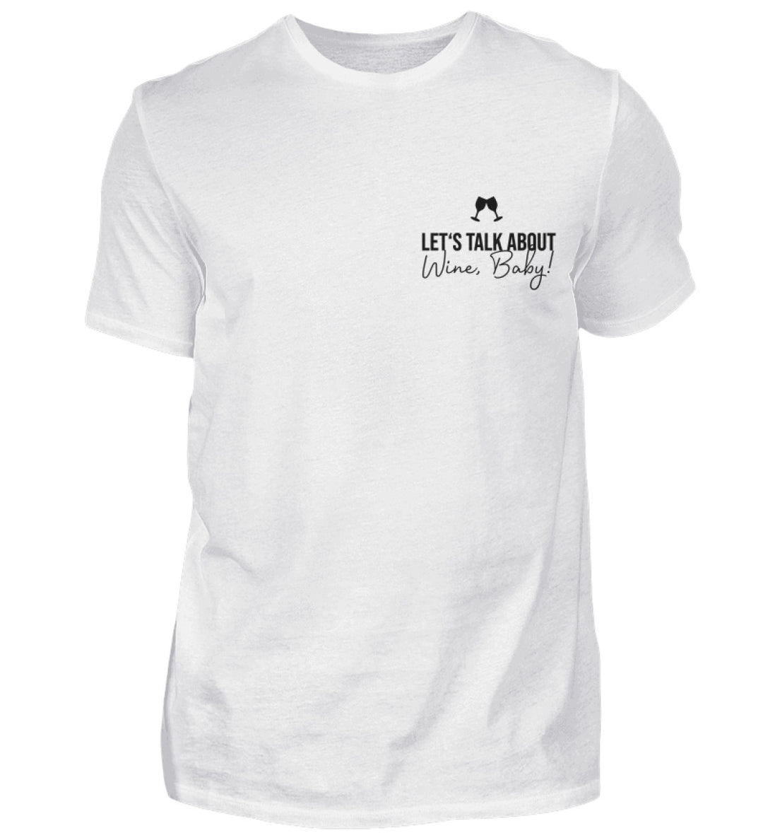 Talk about wine – Herren Basic T-Shirt Weiß, kleines schwarzes Brustmotiv