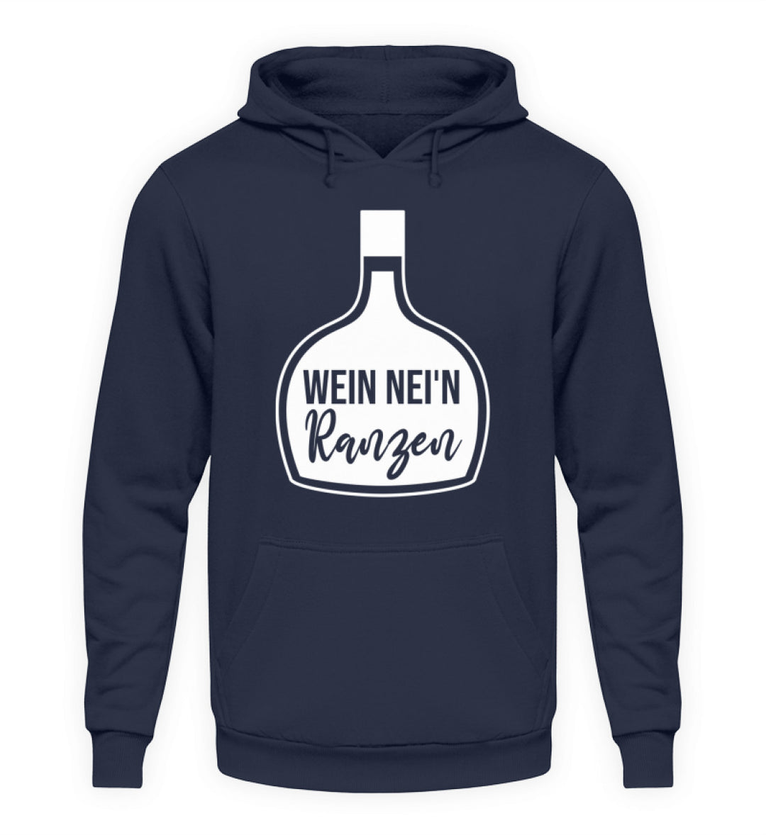 Unisex-Hoodie Dunkelblau mit Wein nei’n Ranzen, Anbieter-Farbmockup.