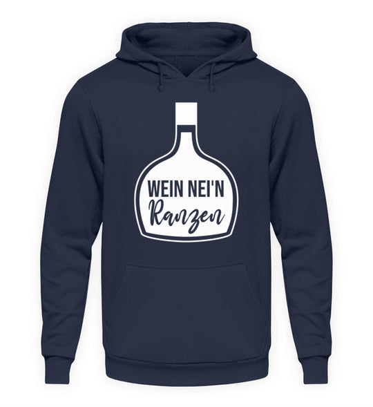 Unisex-Hoodie Dunkelblau mit Wein nei’n Ranzen, Anbieter-Farbmockup.