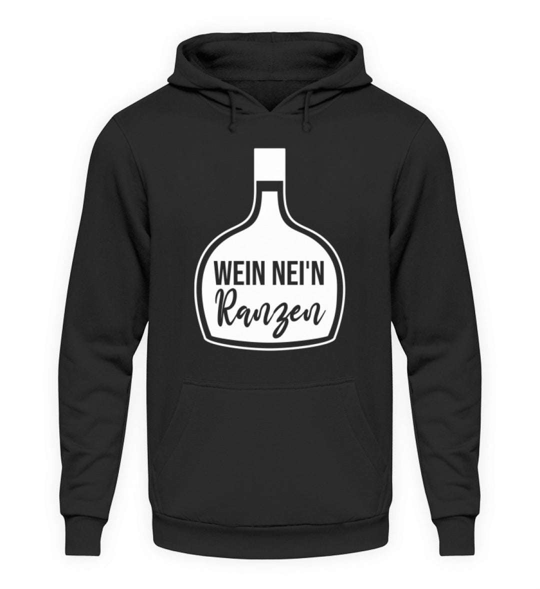 Unisex-Hoodie Schwarz mit Wein nei’n Ranzen, Anbieter-Farbmockup.