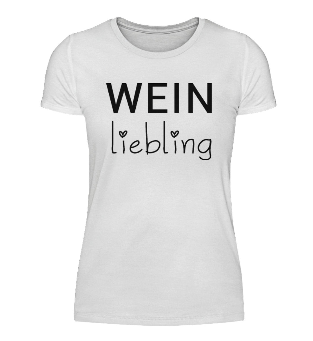 Weinliebling Damen T-Shirt in Weiß – schwarzer Originalschriftzug mit beiden Herzpunkten vorne mittig