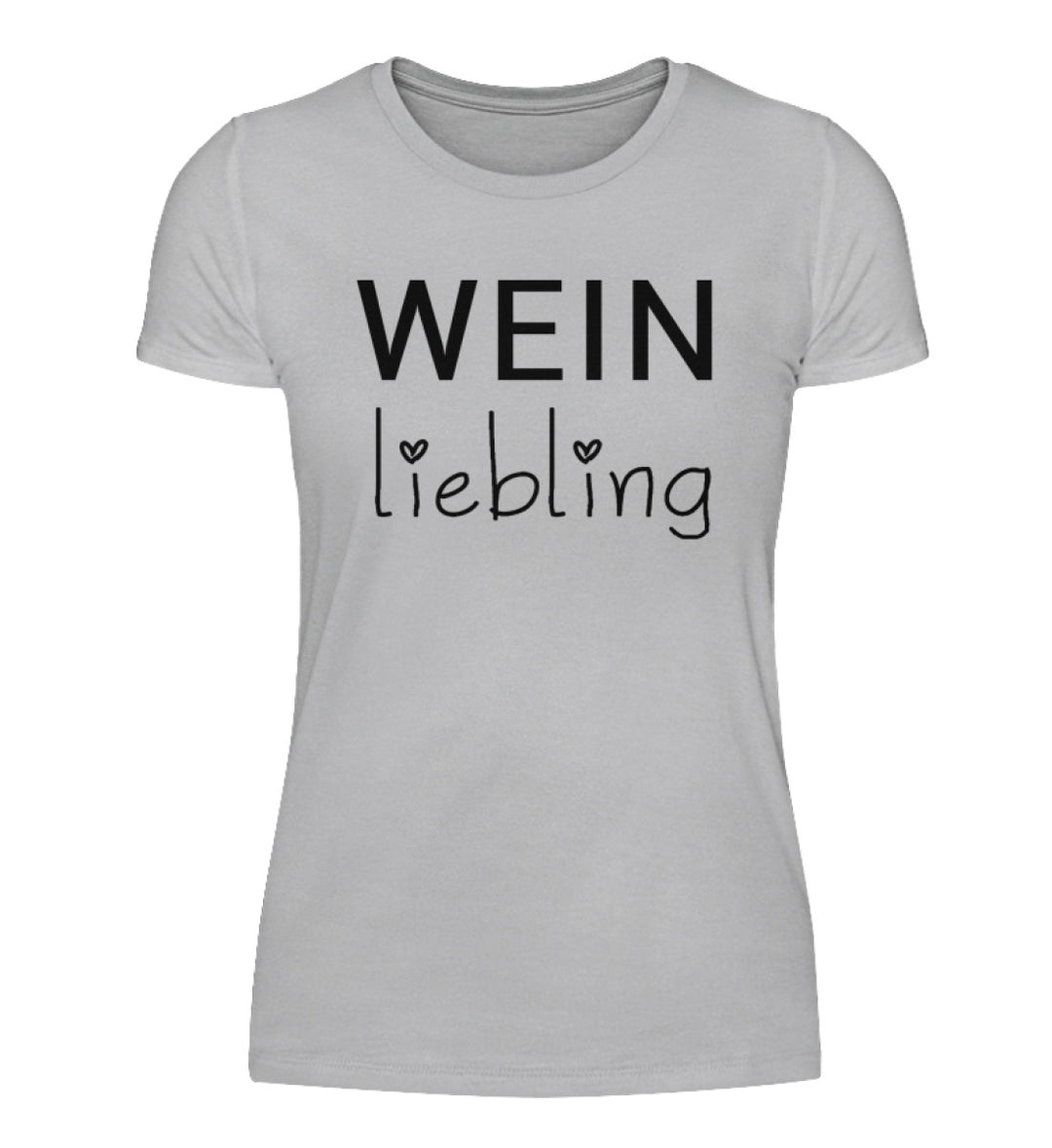 Weinliebling Damen T-Shirt in Grau – schwarzer Originalschriftzug mit beiden Herzpunkten vorne mittig