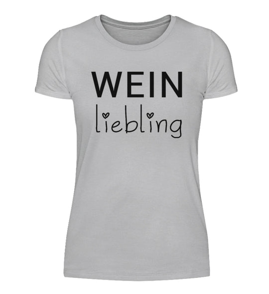 Weinliebling Damen T-Shirt in Grau – schwarzer Originalschriftzug mit beiden Herzpunkten vorne mittig
