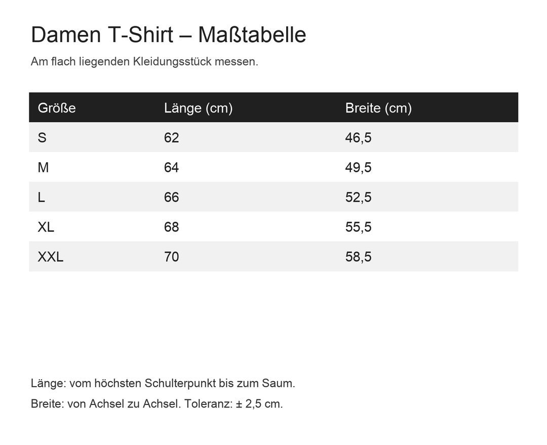 Maßtabelle Damen T-Shirt S bis XXL mit Länge und Breite in Zentimetern.