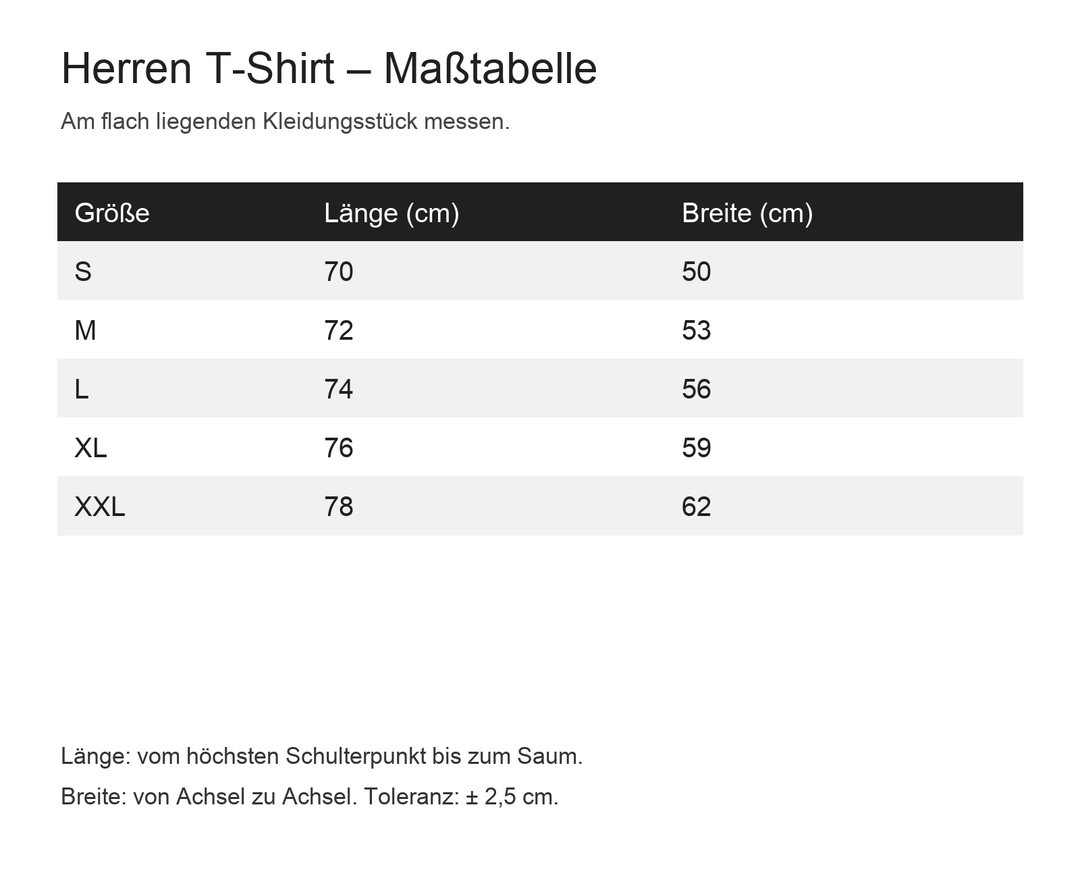 Maßtabelle Herren T-Shirt S bis XXL mit Länge und Breite in Zentimetern.