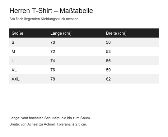 Maßtabelle Herren T-Shirt S bis XXL mit Länge und Breite in Zentimetern.