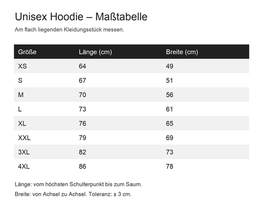 Maßtabelle Unisex Hoodie XS bis 4XL mit Länge und Breite in Zentimetern.