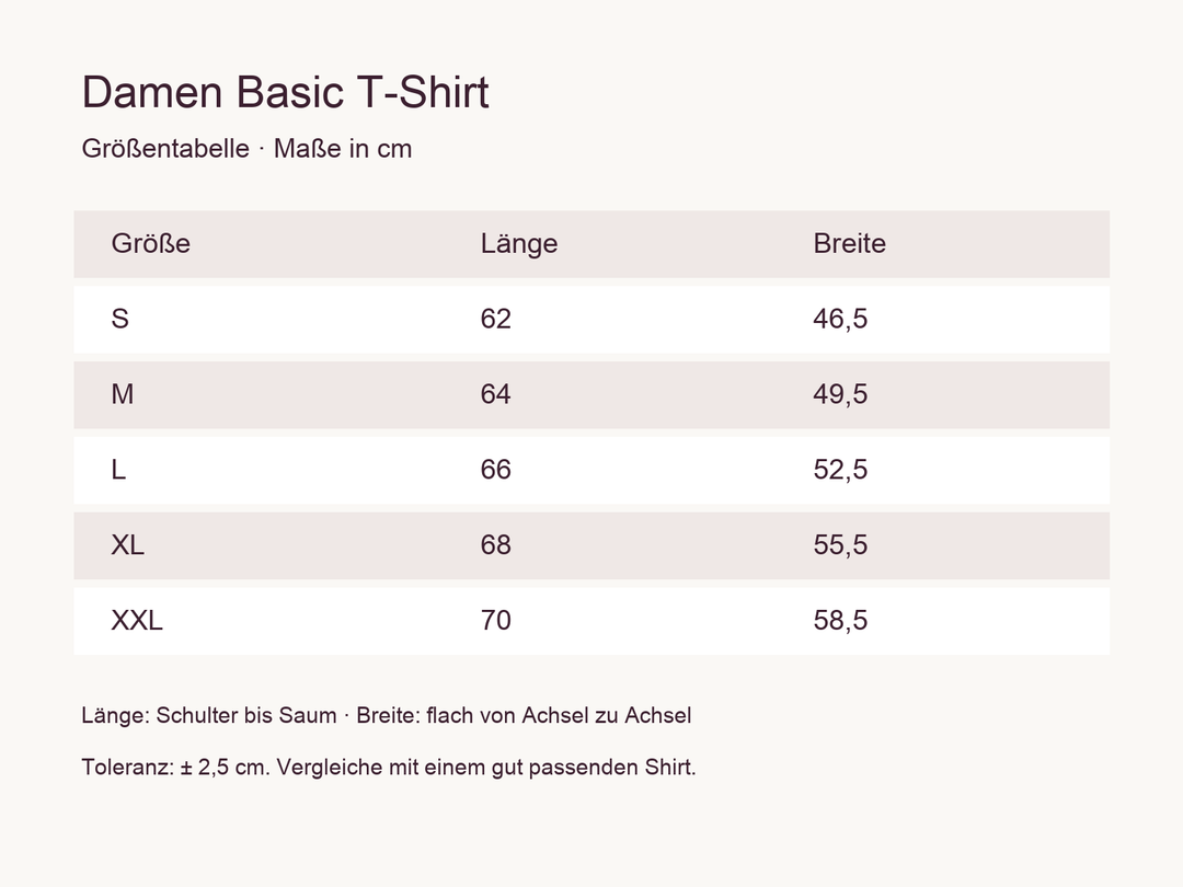 Damen Basic T-Shirt Größentabelle S bis XXL: Länge und Breite in cm
