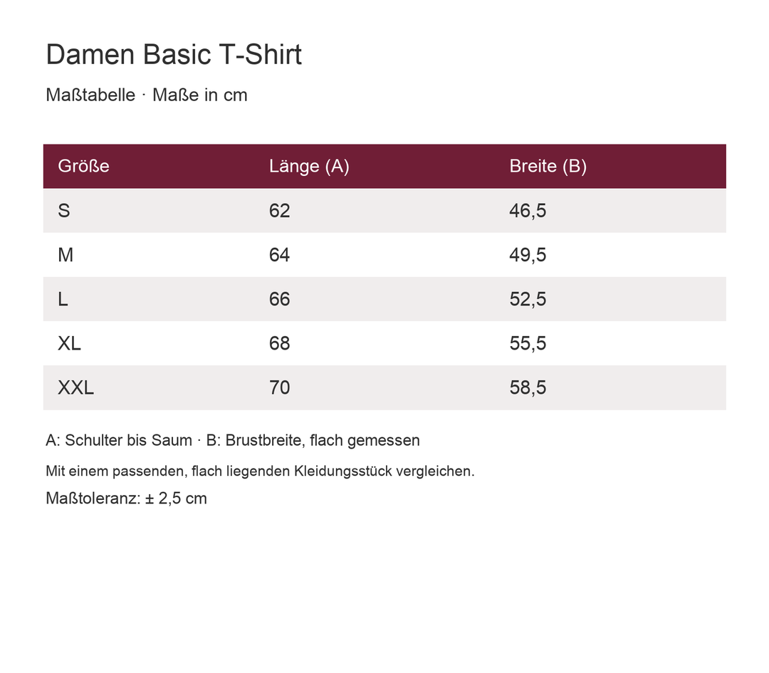 Damen Basic T-Shirt – Maßtabelle S bis XXL in cm