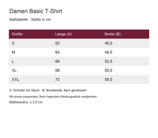 Damen Basic T-Shirt – Maßtabelle S bis XXL in cm