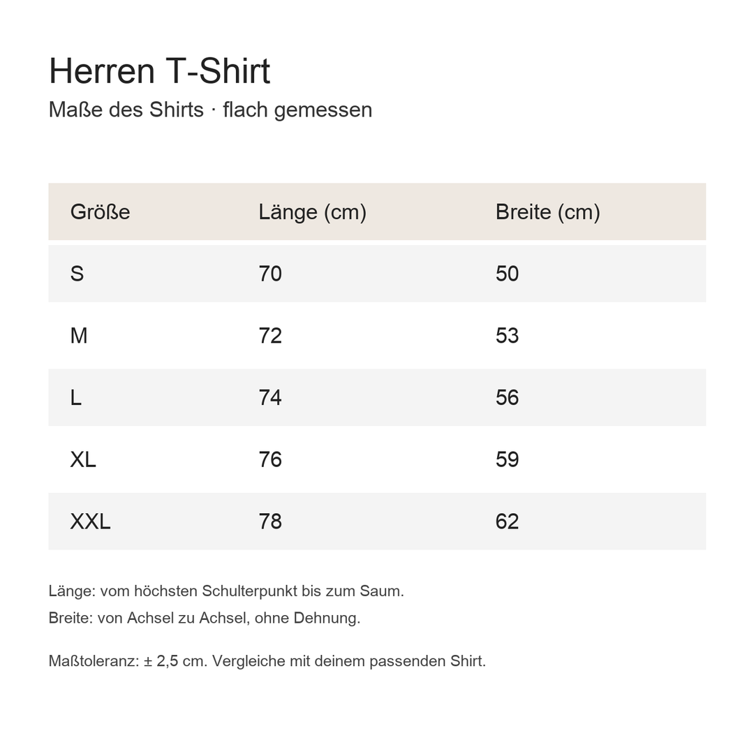 Maßtabelle Herren T-Shirt S–XXL – Länge und Breite in cm