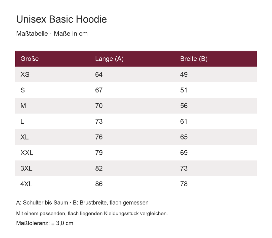 Unisex Basic Hoodie – Maßtabelle XS bis 4XL in cm