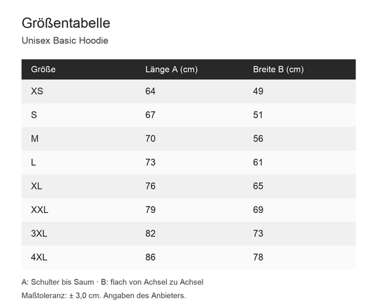 Größentabelle hoodie: Länge und Breite in Zentimetern.