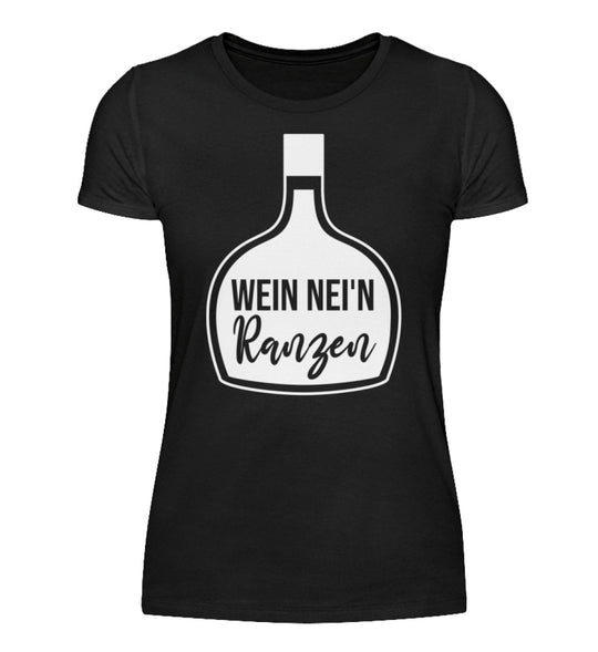 Damen-T-Shirt Schwarz mit Wein nei’n Ranzen, Anbieter-Farbmockup.