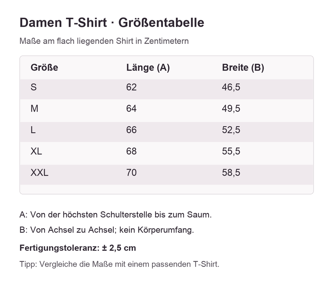 Damen T-Shirt – neutrale Größentabelle S bis XXL in Zentimetern