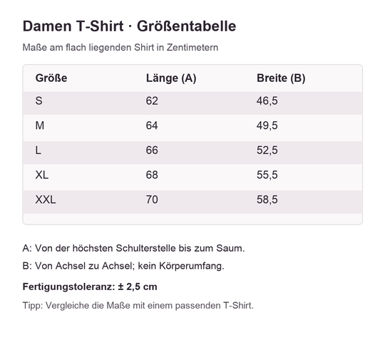 Damen T-Shirt – neutrale Größentabelle S bis XXL in Zentimetern