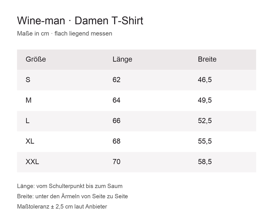 Maßtabelle Damen T-Shirt S–XXL in cm