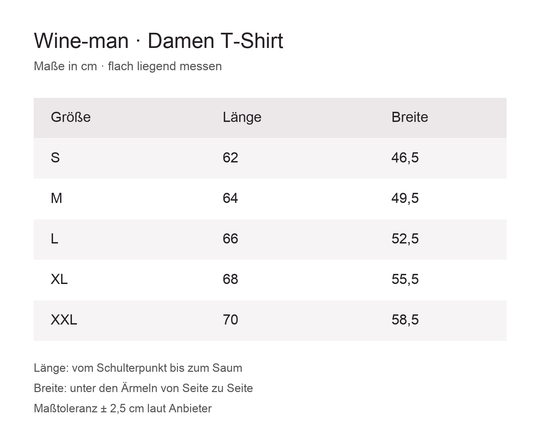 Maßtabelle Damen T-Shirt S–XXL in cm