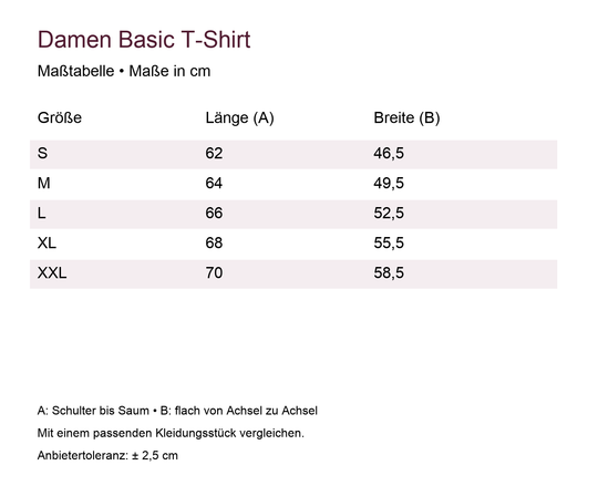 Damen Basic T-Shirt – Maßtabelle in cm für die angebotenen Größen