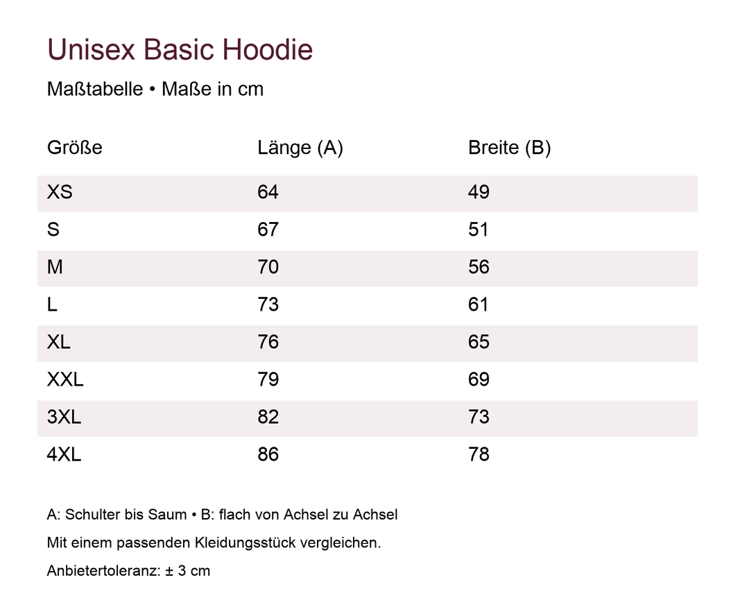 Unisex Basic Hoodie – Maßtabelle in cm für die angebotenen Größen