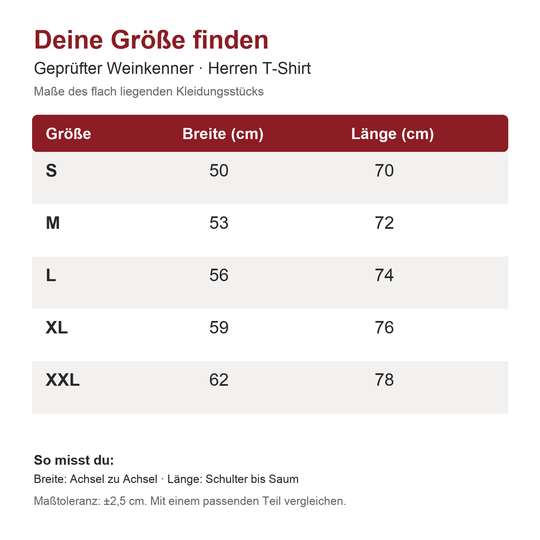 Geprüfter Weinkenner – Herren-T-Shirt Maßtabelle S bis XXL in Zentimetern