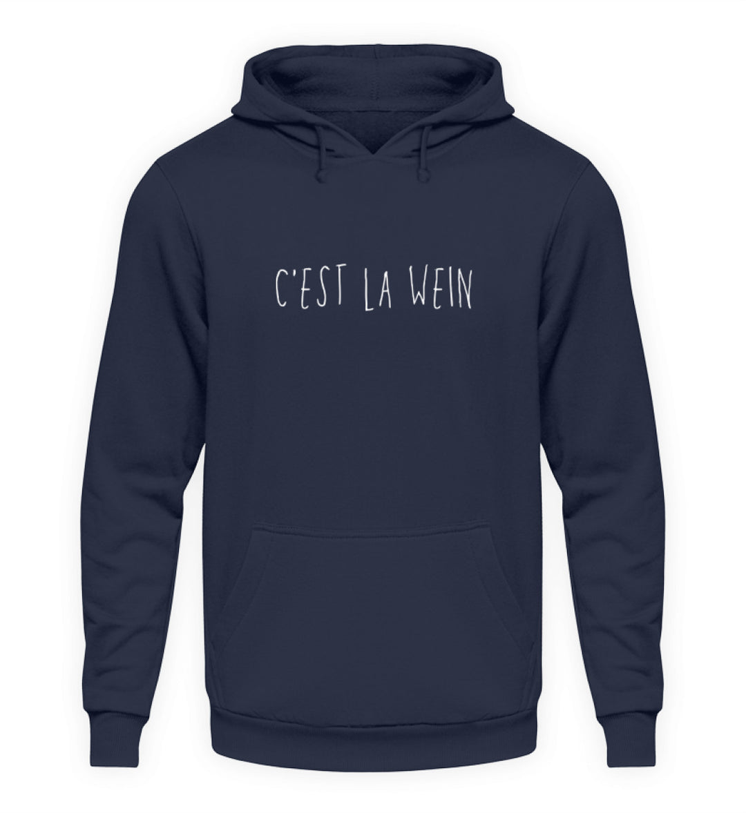 C’est la Wein – Unisex Hoodie in Dunkelblau, weißes Motiv mittig auf der Brust