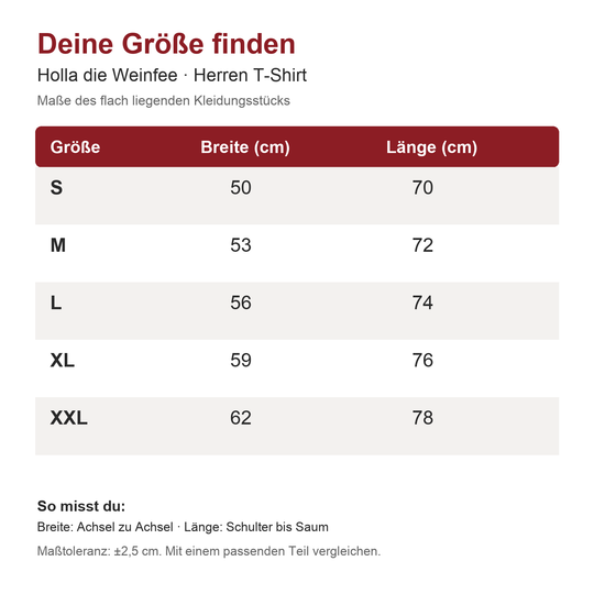 Holla die Weinfee – Maßtabelle Herren T-Shirt, Breite und Länge in Zentimetern