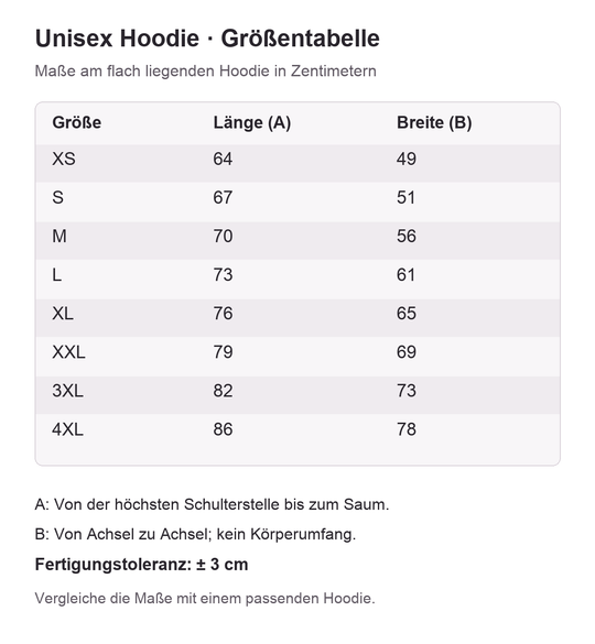 Unisex Hoodie – neutrale Größentabelle XS bis 4XL in Zentimetern