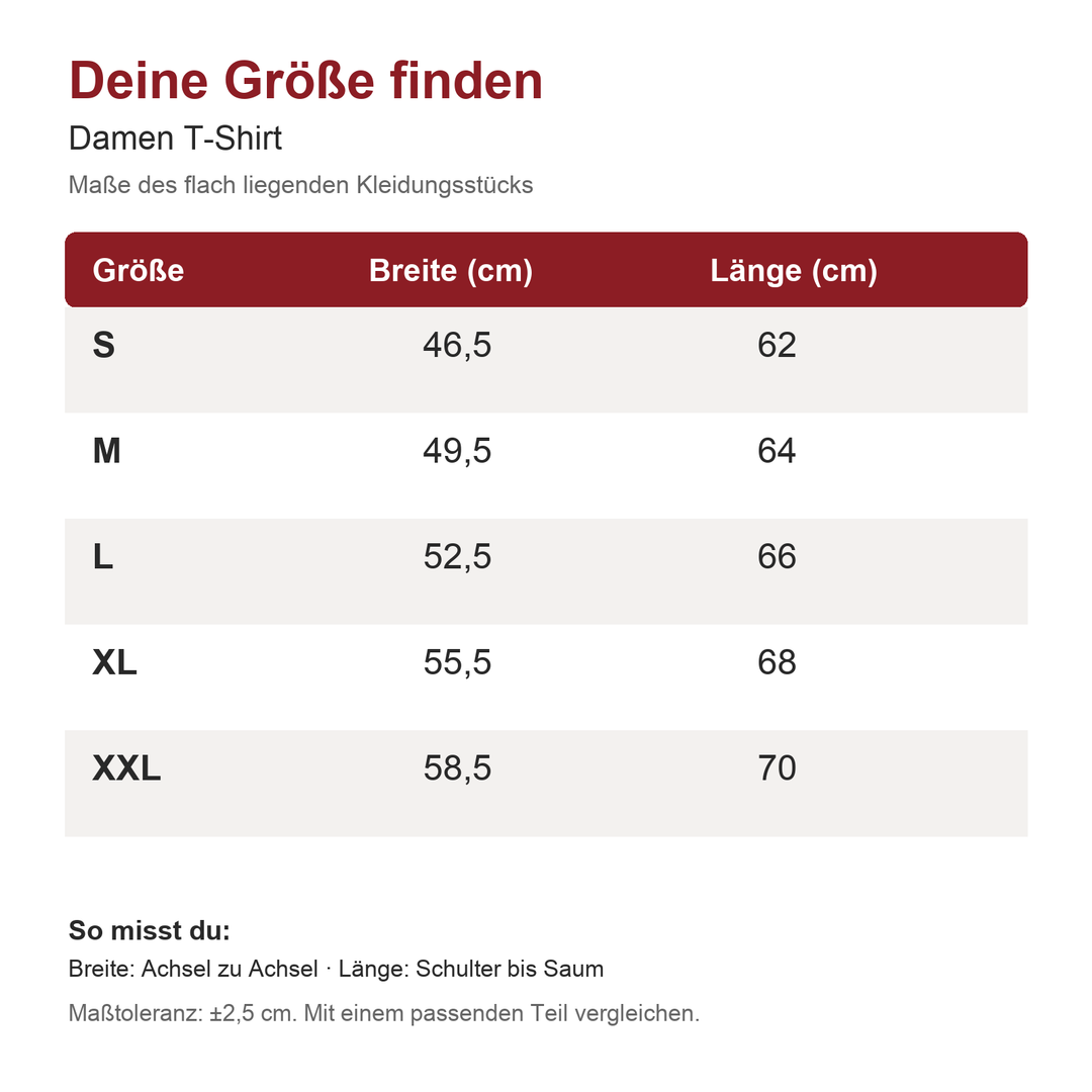 Ich liebe Schoppen – damen – Maßtabelle S bis XXL in Zentimetern