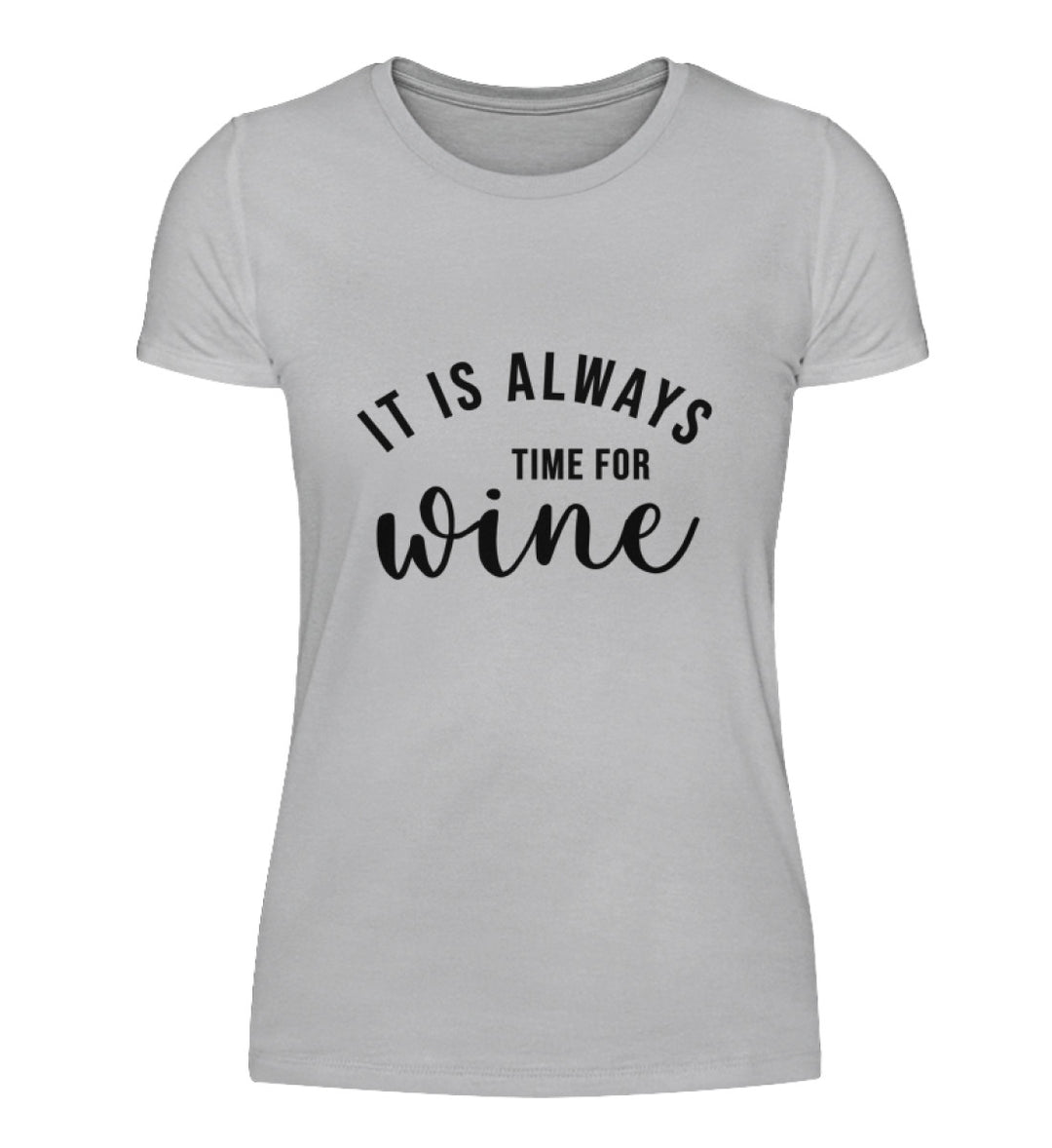 Produktansicht Damen-T-Shirt „It is always time for wine“ in Grau mit groß mittigem Druck auf der Vorderseite.