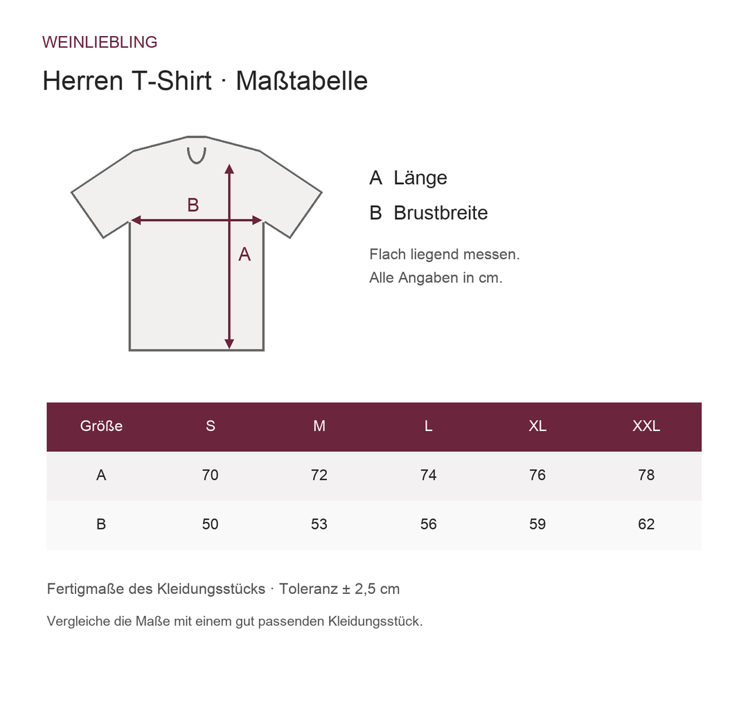 Maßtabelle Herren T-Shirt S bis XXL: Länge und Brustbreite in Zentimetern