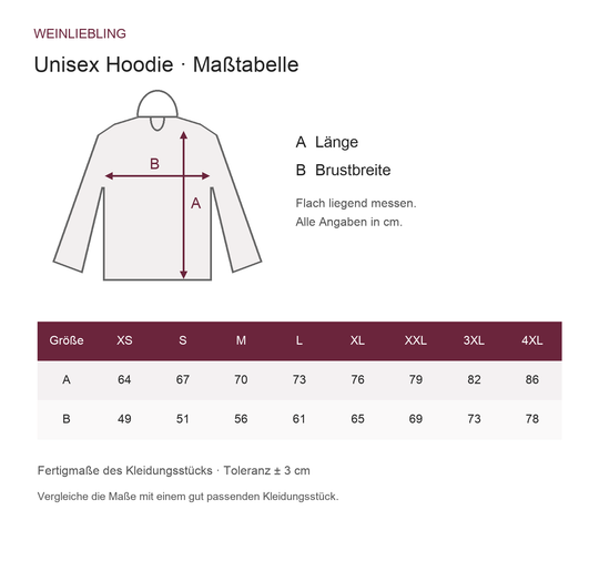 Maßtabelle Unisex Hoodie XS bis 4XL: Länge und Brustbreite in Zentimetern