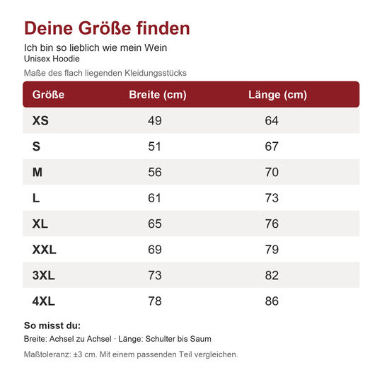 Größentabelle Unisex Hoodie – Maße XS bis 4XL