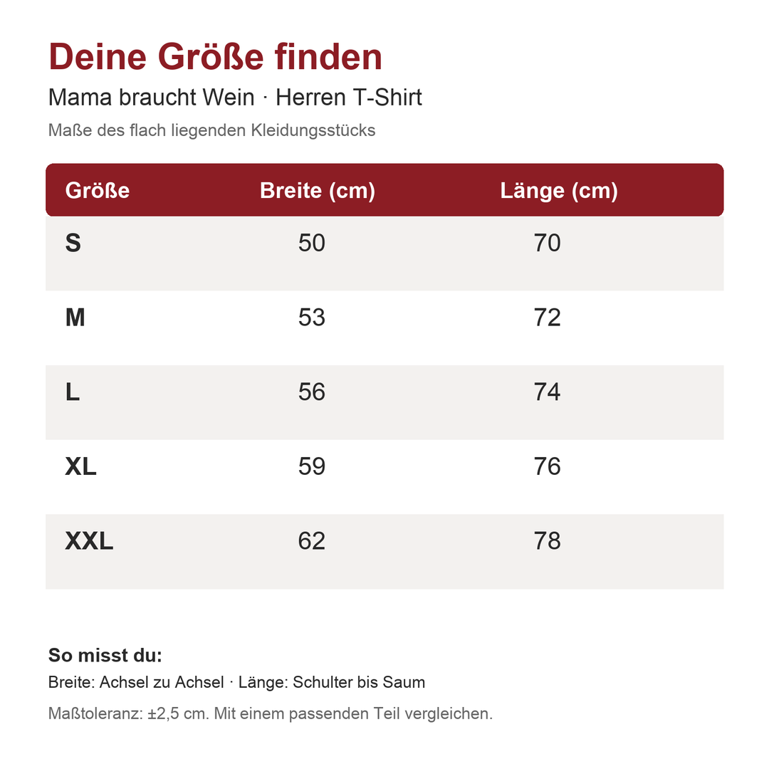 Mama braucht Wein – Maßtabelle Herren T-Shirt in Zentimetern