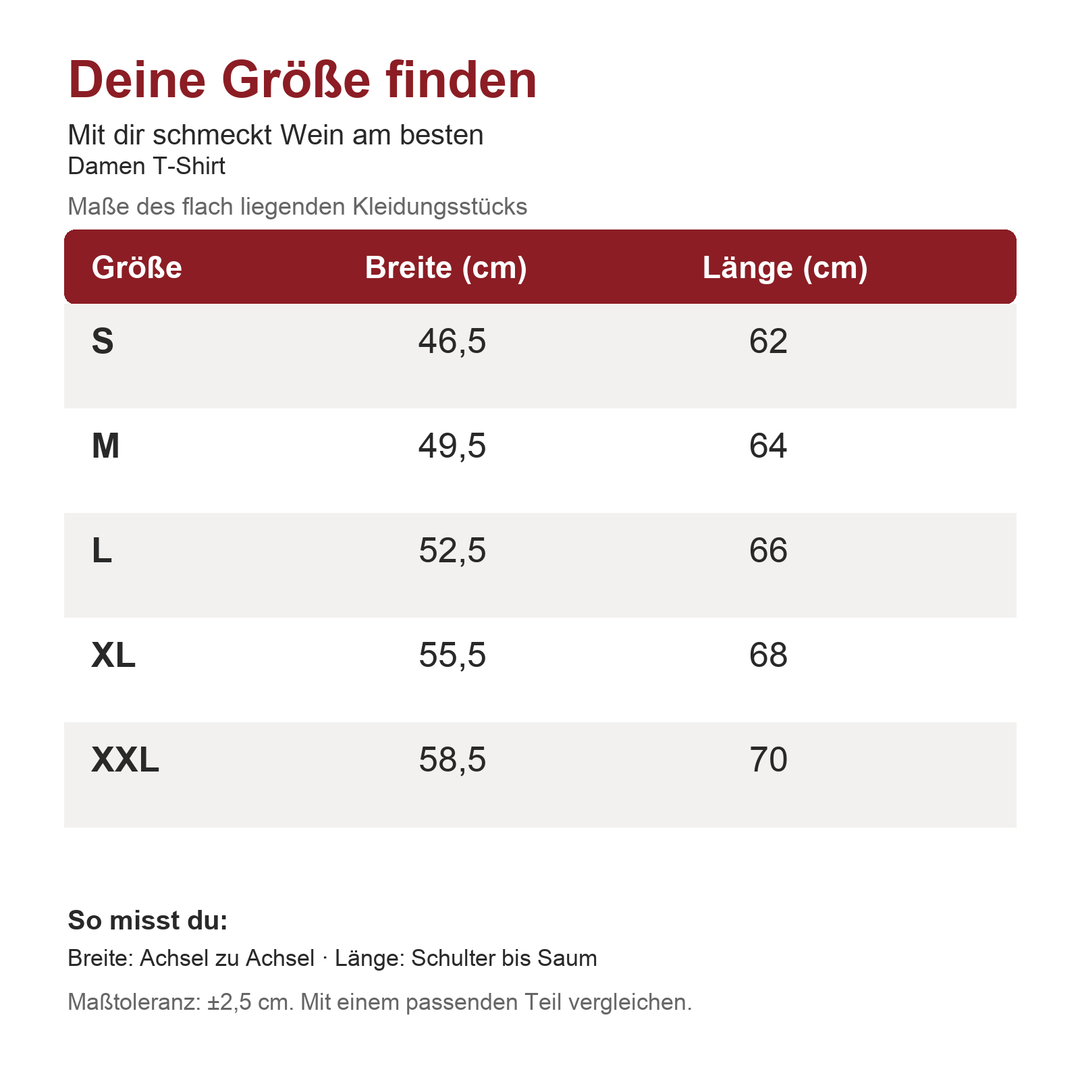 Maßtabelle damen – Mit dir schmeckt Wein am besten, Maße in cm