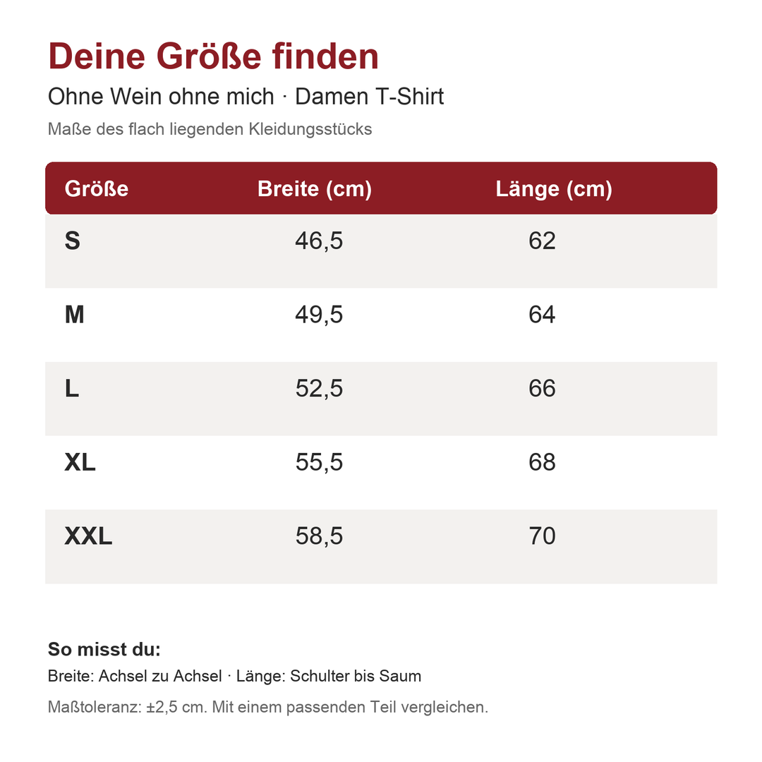 Maßtabelle damen T-Shirt, Breite und Länge in cm