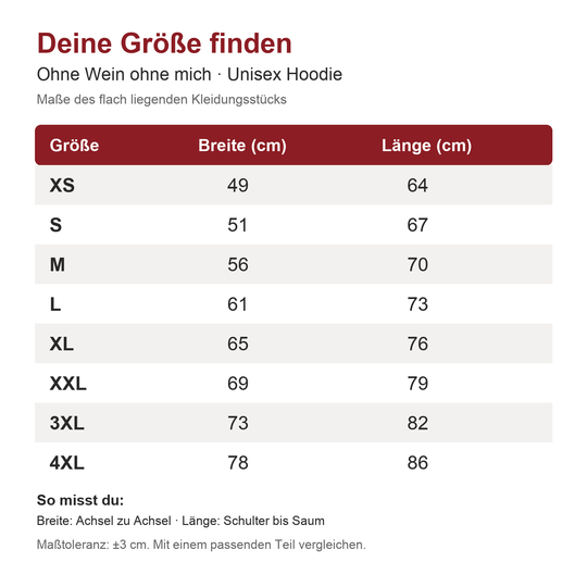 Maßtabelle Unisex Hoodie, XS bis 4XL, Breite und Länge in cm