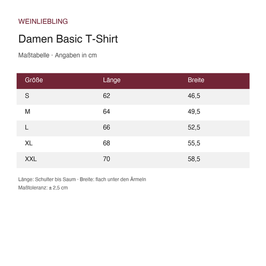 Maßtabelle Damen Basic T-Shirt S bis XXL