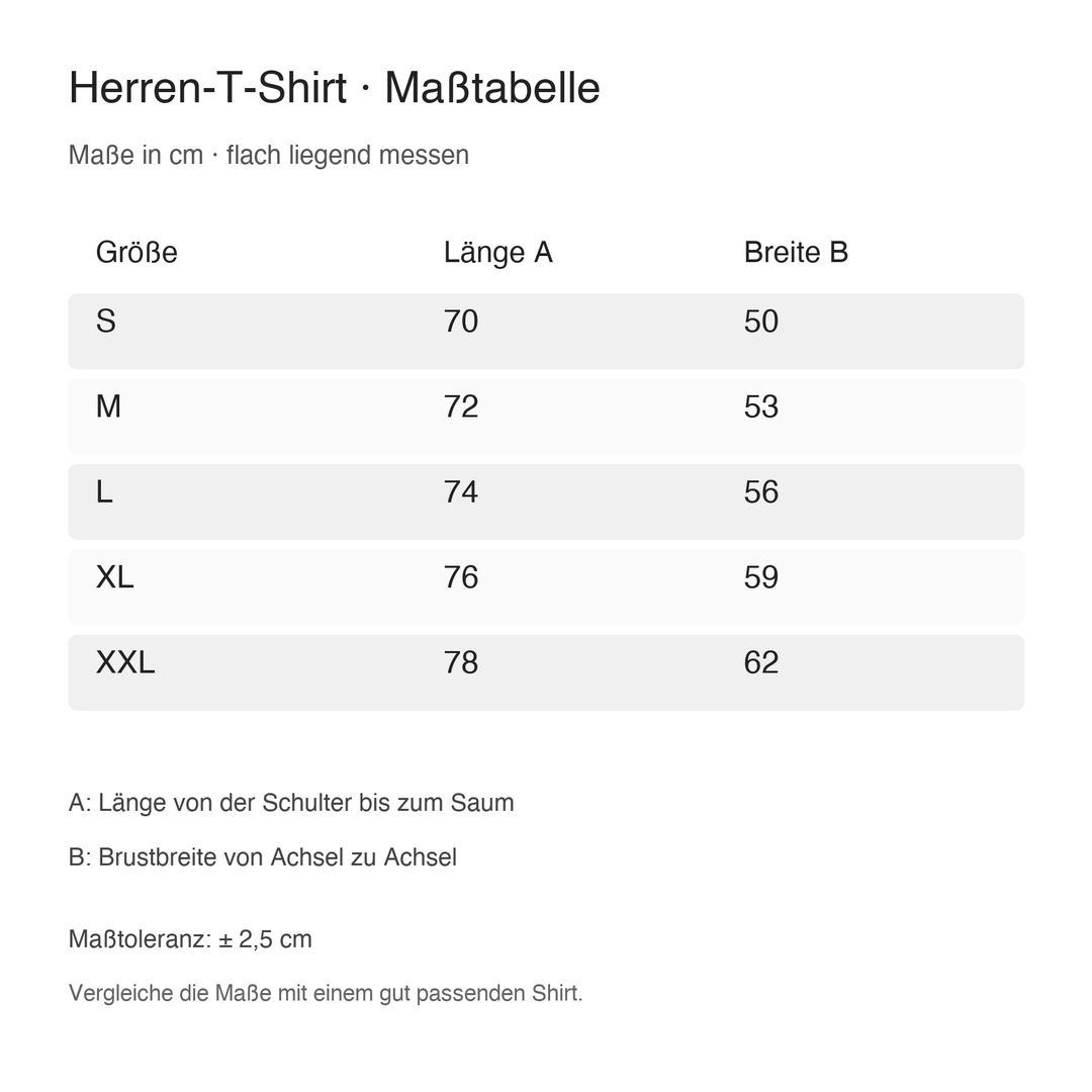 Maßtabelle Herren Basic T-Shirt S bis XXL, Länge und Brustbreite in cm