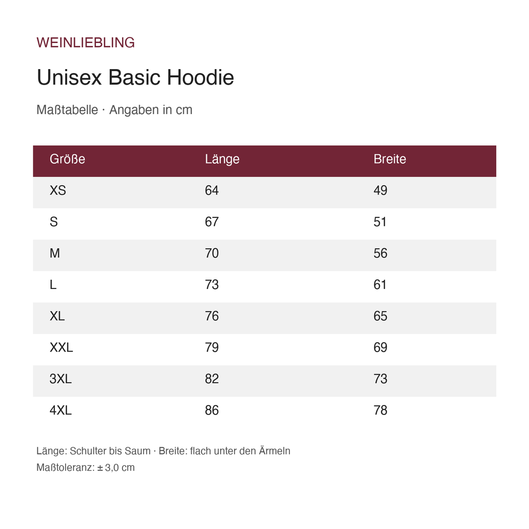Maßtabelle Unisex Basic Hoodie XS bis 4XL