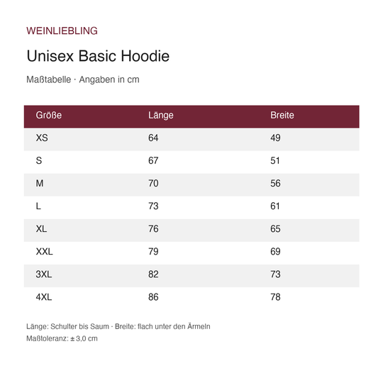 Maßtabelle Unisex Basic Hoodie XS bis 4XL